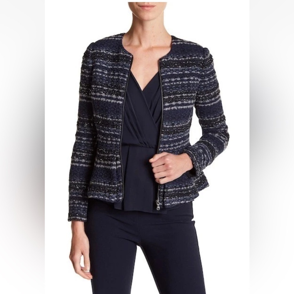 Rebecca Taylor Navy Lurex Tweed Peplum Zip Front Jacket size 4